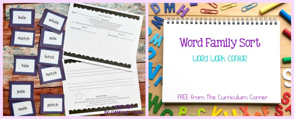 FREE Word Family Word Work Center free from The Curriculum Corner