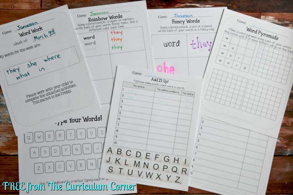 FREEBIE Word Work Homework Packets from The Curriculum Corner