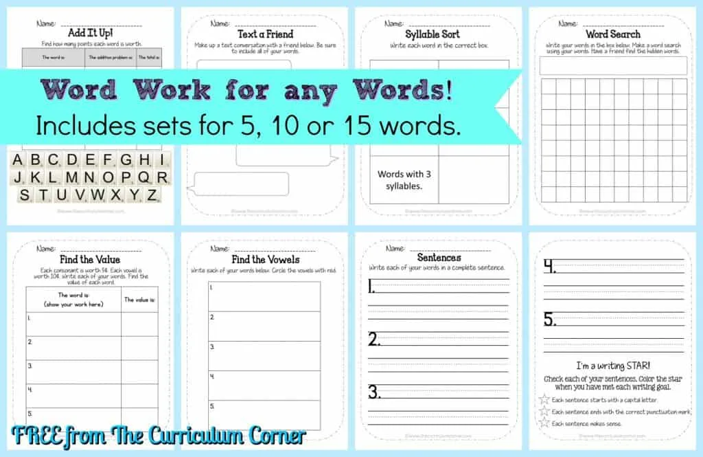 FREEBIE Word Work Collection from The Curriculum Corner