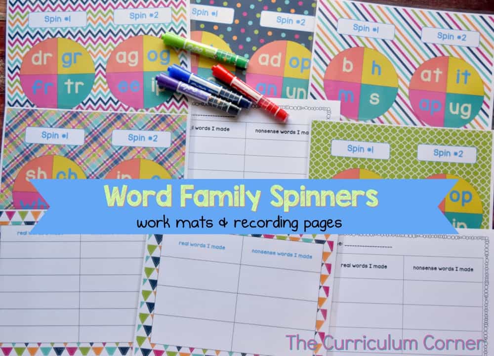 Free Word Family Activity Spinners from The Curriculum Corner 