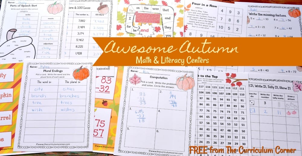 FREE fall math & fall literacy center activities from The Curriculum Corner 4