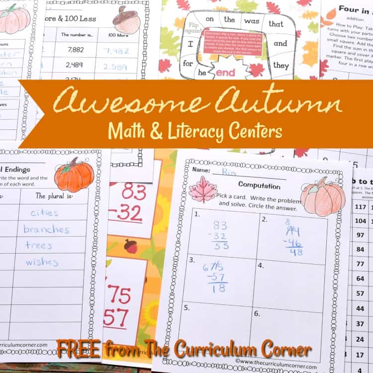 FREE fall math & fall literacy center activities from The Curriculum Corner