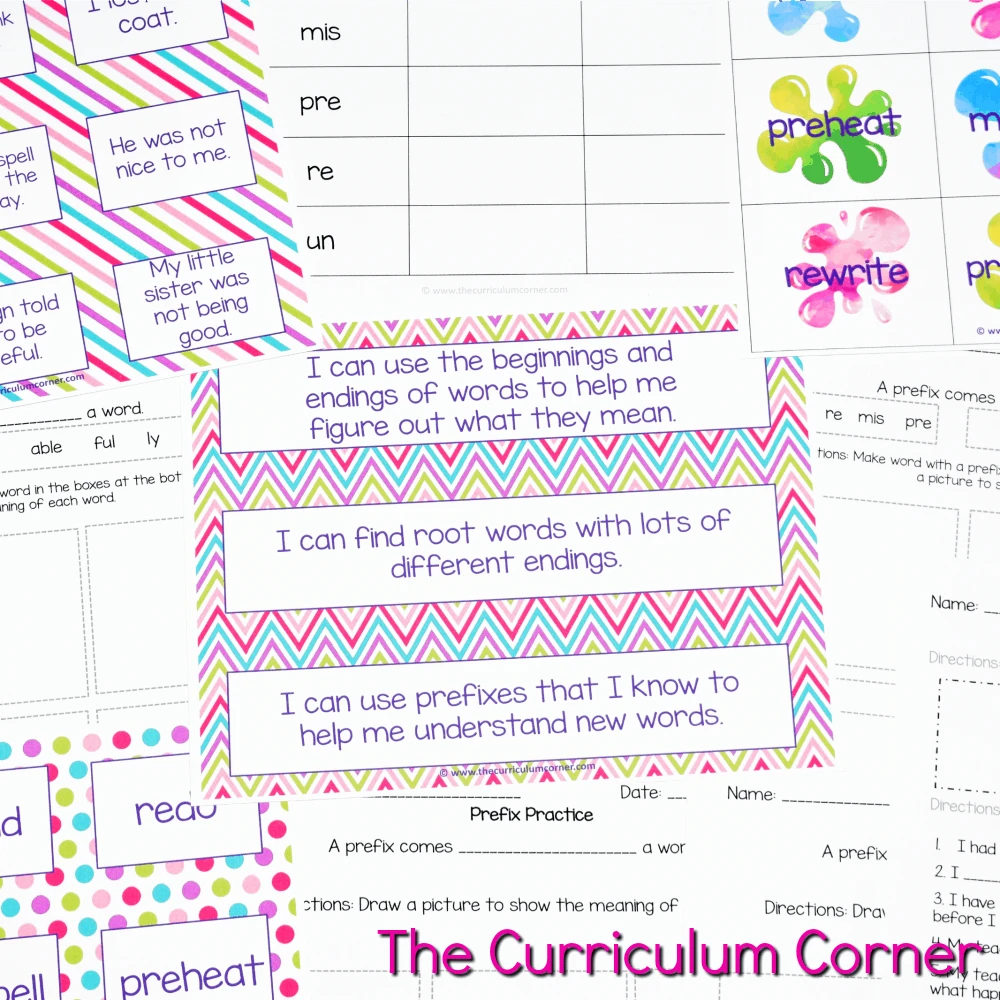 FREE Root Words, Prefix Practice, Suffix Practice Instructional & Practice Materials from The Curriculum Corner 3