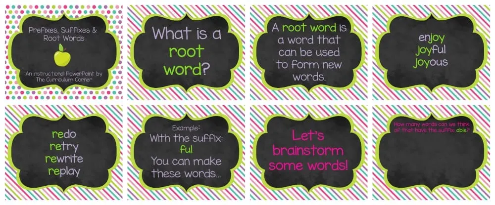 FREE Root Words, Prefix Practice, Suffix Practice Instructional & Practice Materials from The Curriculum Corner