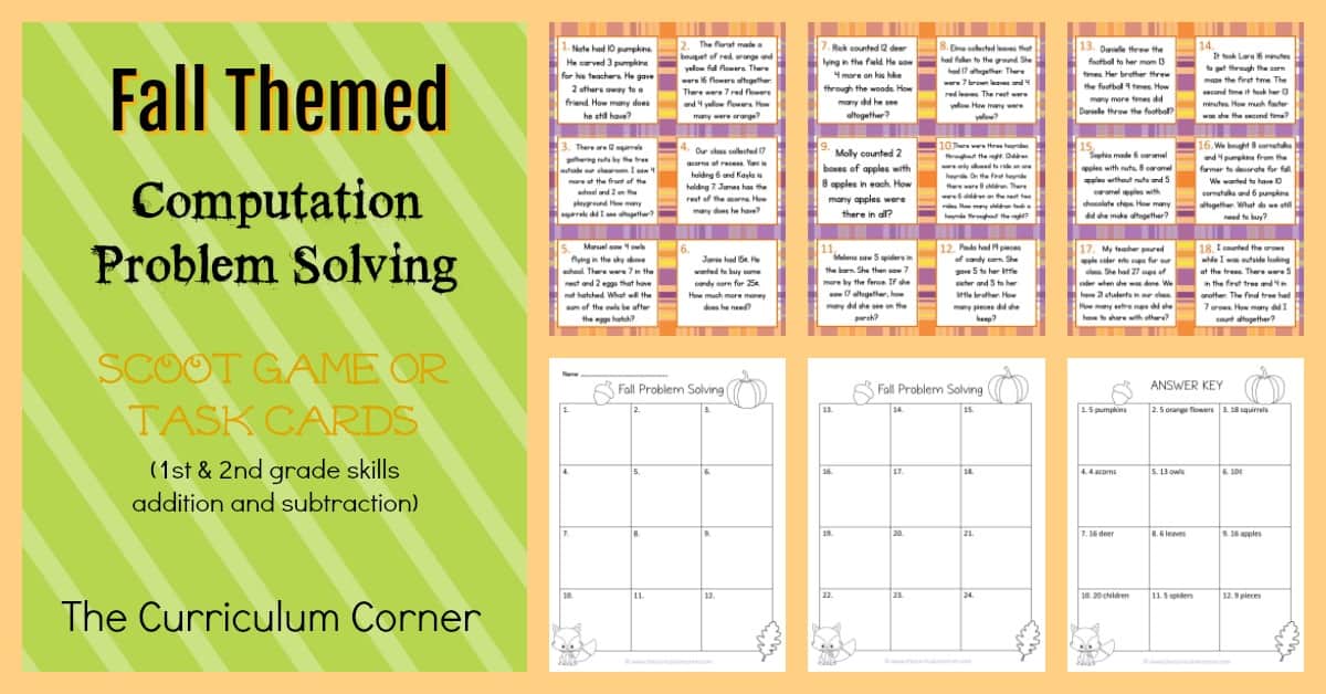 Fall Themed Problem Solving Task Cards from The Curriculum Corner | Scoot Game | FREE