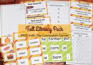 FREE Fall Literacy Pack from The Curriculum Corner | Word Work | Fluency Sentences | Write the Room & more