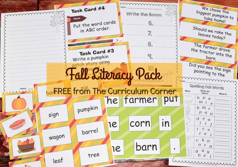 FREE Fall Literacy Centers from The Curriculum Corner | Word Work | Fluency Sentences | Write the Room & more