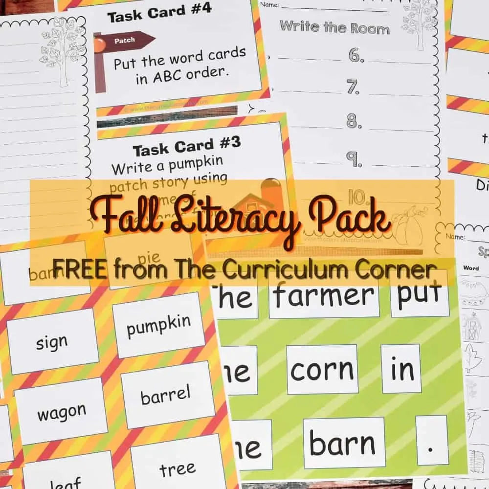 FREE Fall Literacy Pack from The Curriculum Corner | Word Work | Fluency Sentences | Write the Room & more