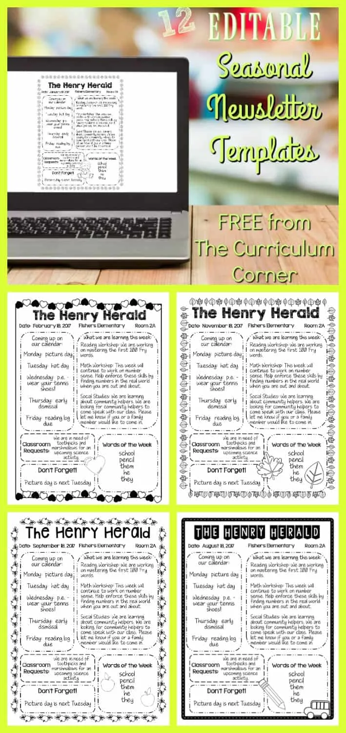 FREE 12 Seasonal Newsletter Templates from The Curriculum Corner | Classroom Newsletter