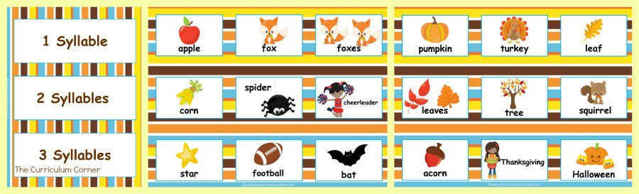 FREE Fall Syllable Practice from The Curriculum Corner | Literacy Center