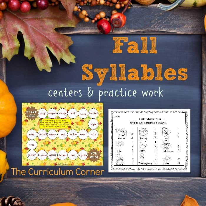 FREE Fall Syllable Practice from The Curriculum Corner | Literacy Center