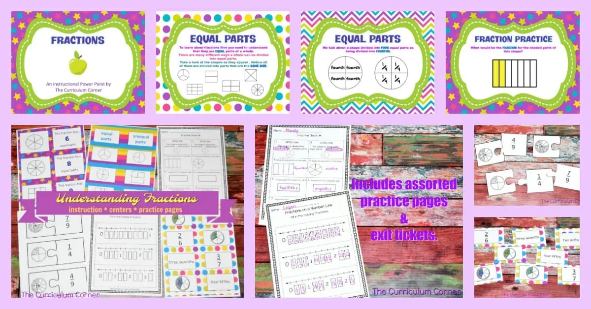 Working on fractions FREE from The Curriculum Corner | practice pages, assessments,exit tickets, instructional powerpoint 7