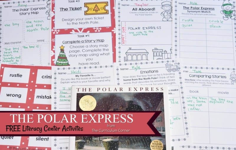 The Polar Express Literacy Center Activities free from The Curriculum Corner - December book study practice set for reading workshop