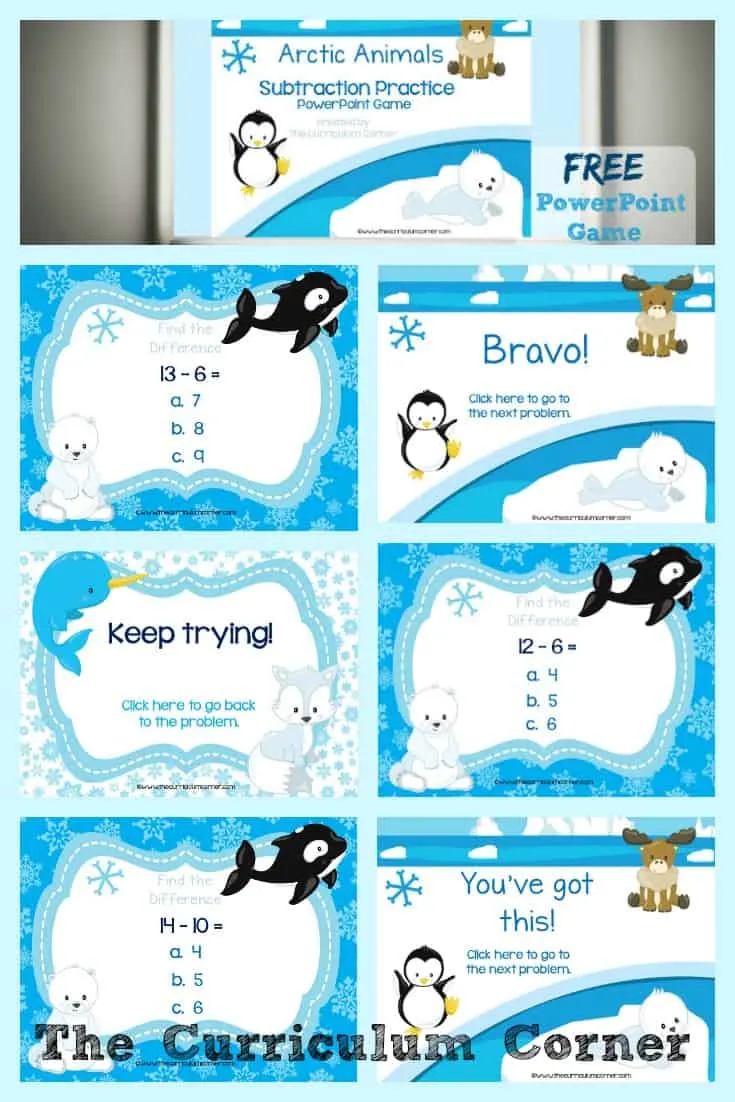 FREE Arctic Animals Subtraction Facts PowerPoint Game from The Curriculum Corner