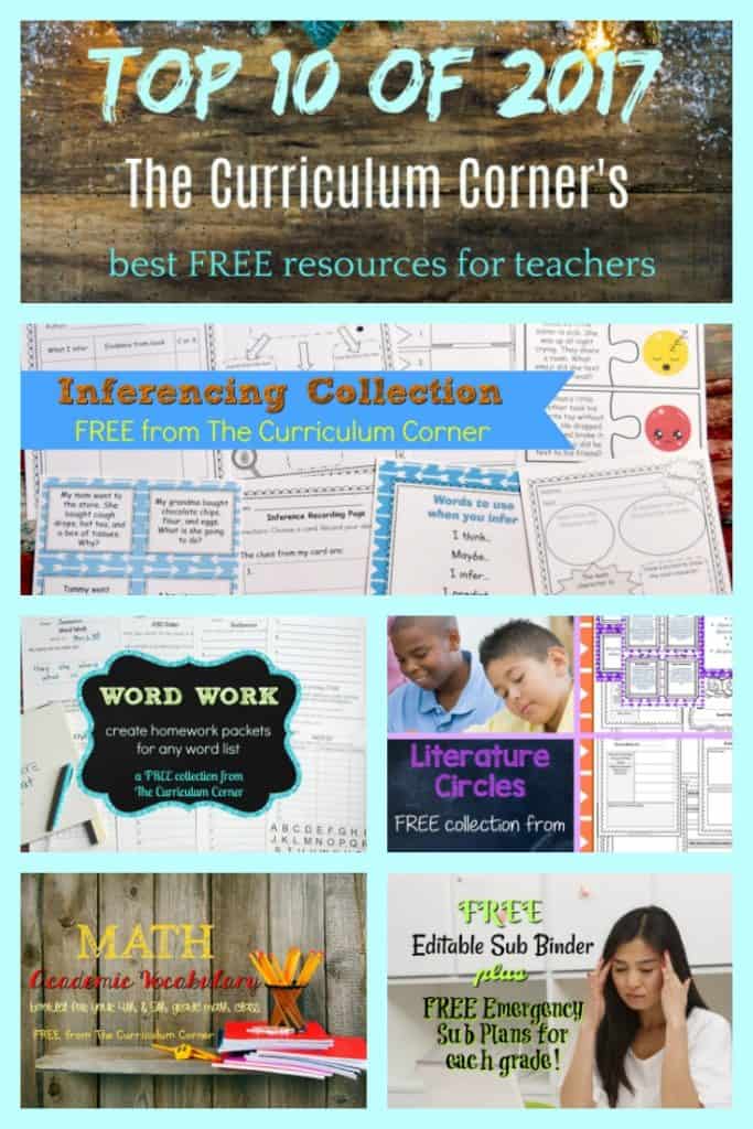 The Curriculum Corner's Top 10 of 2017 | FREE resources for teachers | freebies