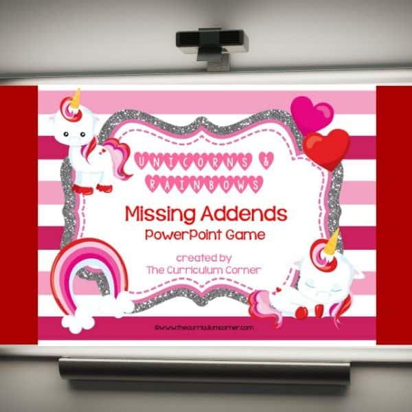 Use this unicorn missing addends game for PowerPoint to give your students practice with recalling basic facts. Designed with Valentine's Day theme.