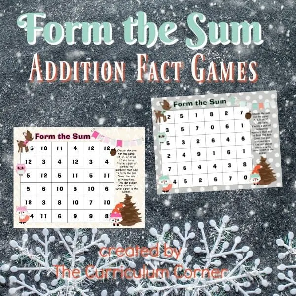 Use this free winter math facts game for addition practice with a woodland winter animal theme.
