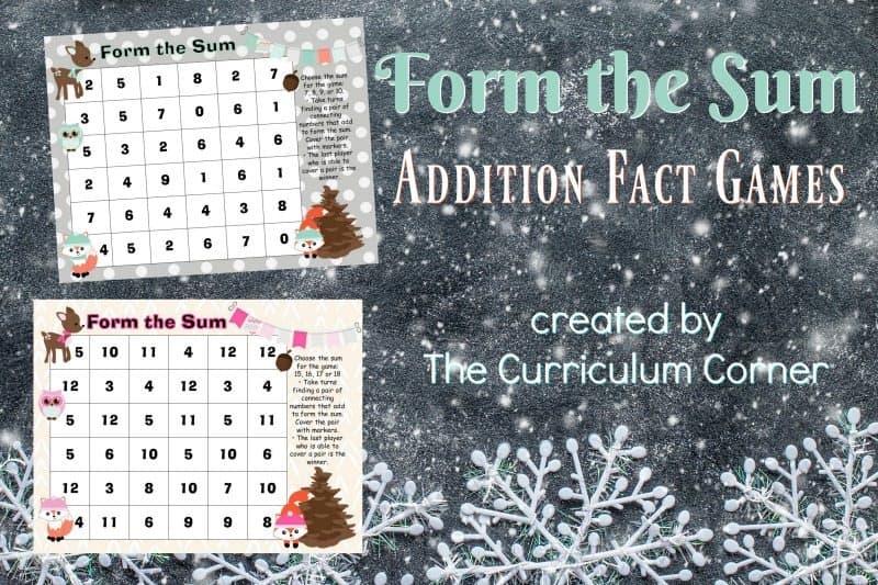 Use this free winter math facts game for addition practice with a woodland winter animal theme.