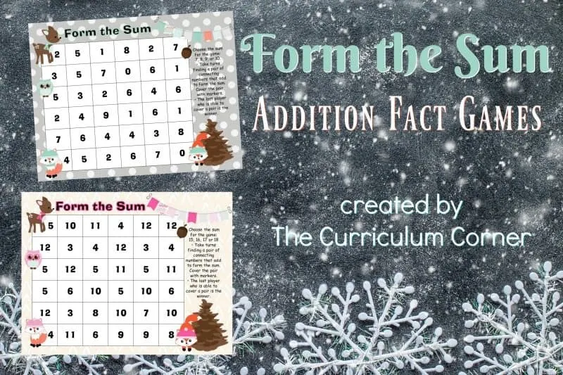 Use this free winter math facts game for addition practice with a woodland winter animal theme.