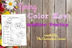 This spring color key addition is like a spring color by number set for math practice. FREE addition fact practice from The Curriculum Corner.