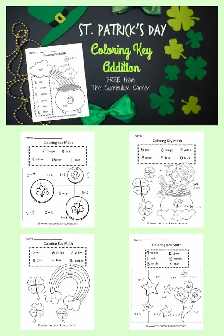 FREE St. Patrick's Day Color Key Addition Practice from The Curriculum Corner