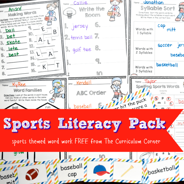 FREE Sports Literacy Pack from The Curriculum Corner | Word Work