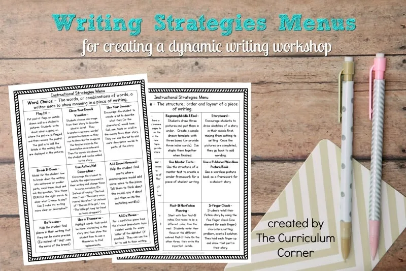These writing strategies menus are designed to help you find strategies to match the needs of the writers in your classroom during writing workshop.