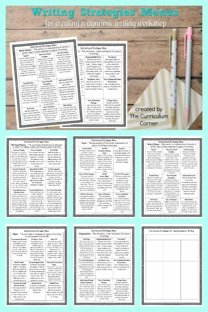 FREE Writing Strategies Menus by The Curriculum Corner