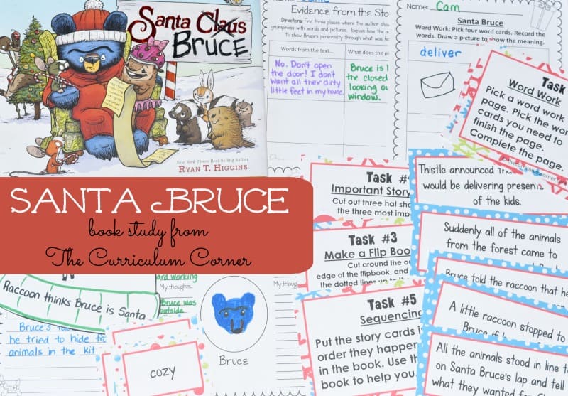 This Santa Bruce Book Study is a free seasonal literacy center set created by The Curriculum Corner.  We also have a Bruce book set, Santa Bruce ornament, Santa hat and candy to give away by September 30th, 2018!
