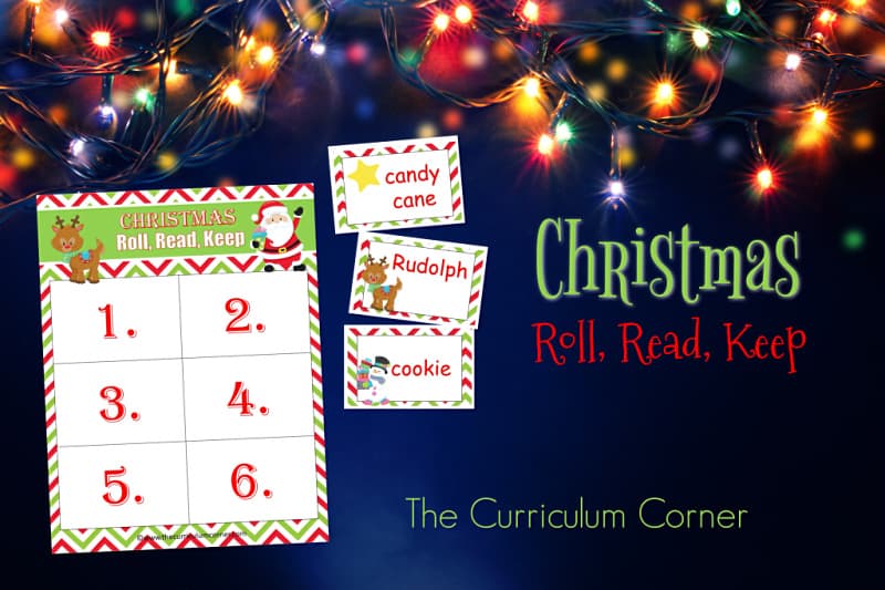 Create an engaging literacy center with this Christmas Roll Read Keep game,a free classroom resource from The Curriculum Corner.