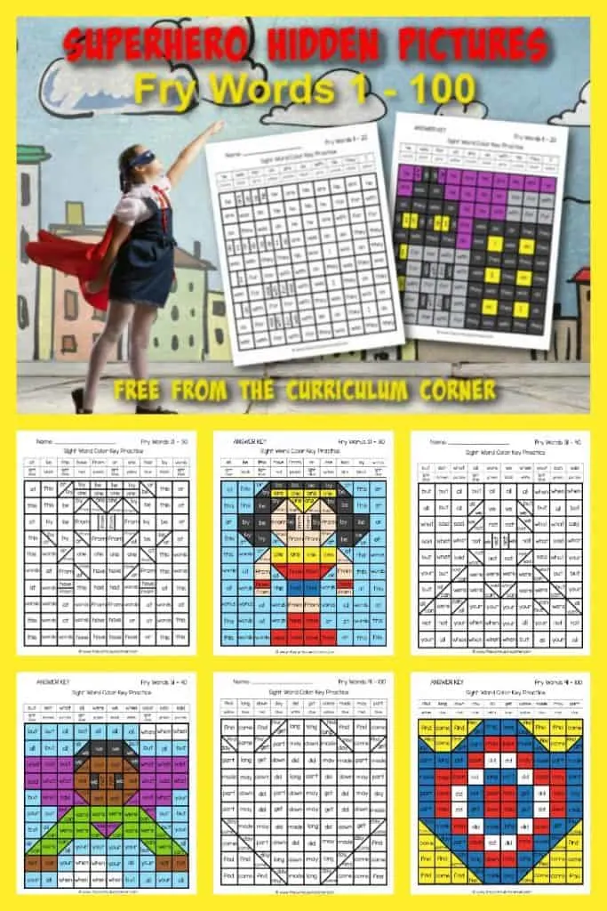 Practice sight words with these free Superhero Fry Word Hidden Pictures (for words 1 - 100). Another free resource for teachers from The Curriculum Corner.