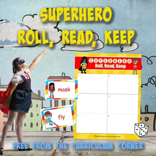 Create an engaging literacy center with this Superhero Roll Read Keep game, a free classroom resource from The Curriculum Corner.