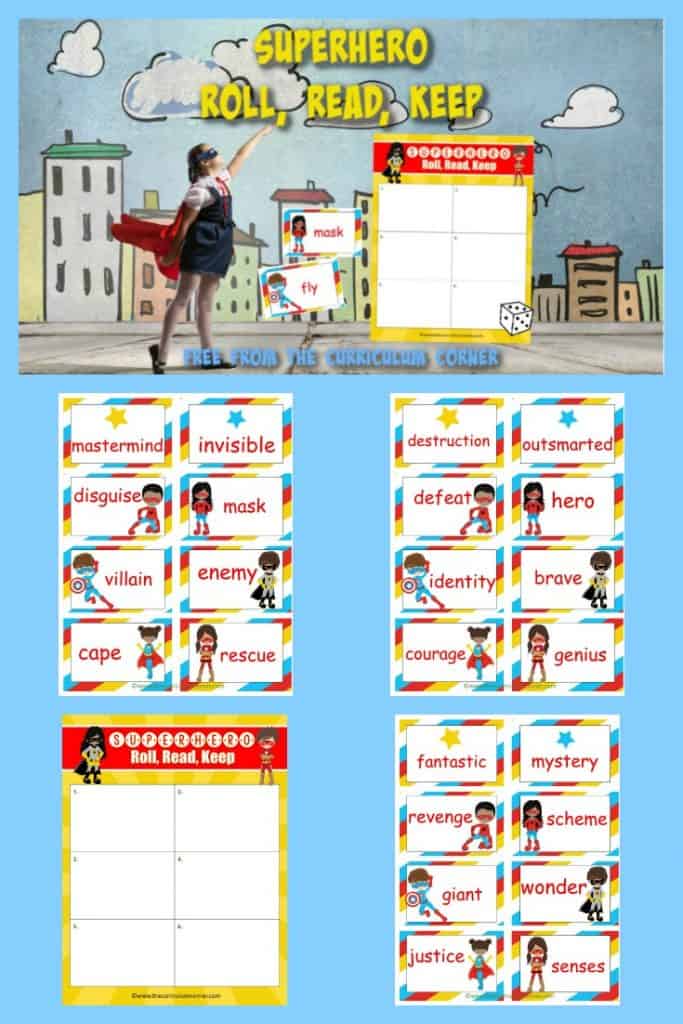 Create an engaging literacy center with this Superhero Roll Read Keep game, a free classroom resource from The Curriculum Corner.