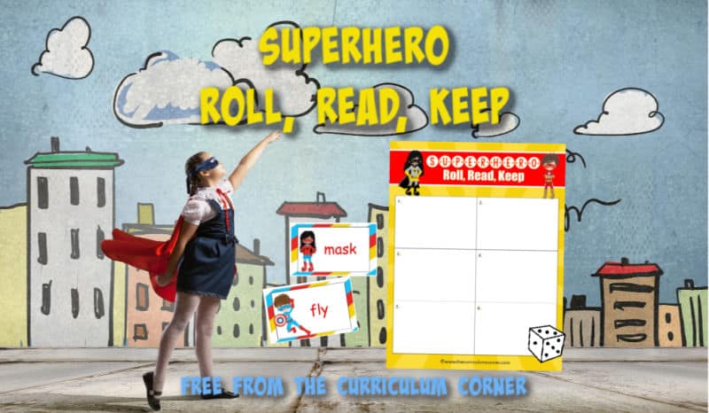 Create an engaging literacy center with this Superhero Roll Read Keep game, a free classroom resource from The Curriculum Corner.