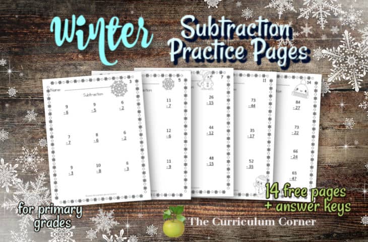 winter subtraction practice pages