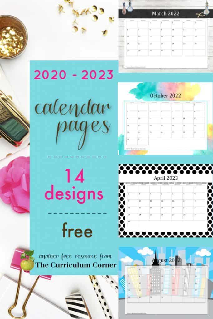 Free Teacher Calendar Pages - The Curriculum Corner 123