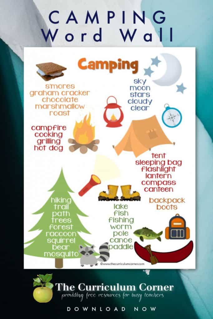 Our free camping word wall can be a writing workshop resource in your camping themed classroom.