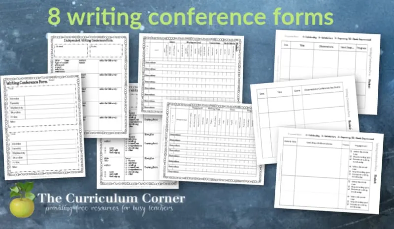 These 8 free writing conference forms are a part of The Curriculum Corner's writing management binder.