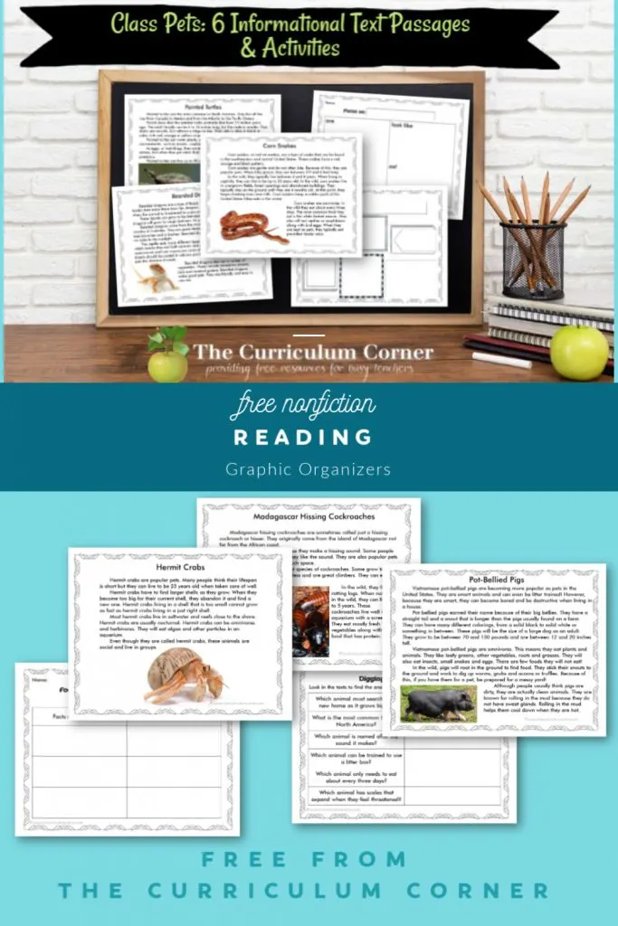 This informational text passage collection along with graphic organizer activities focuses on class pets.