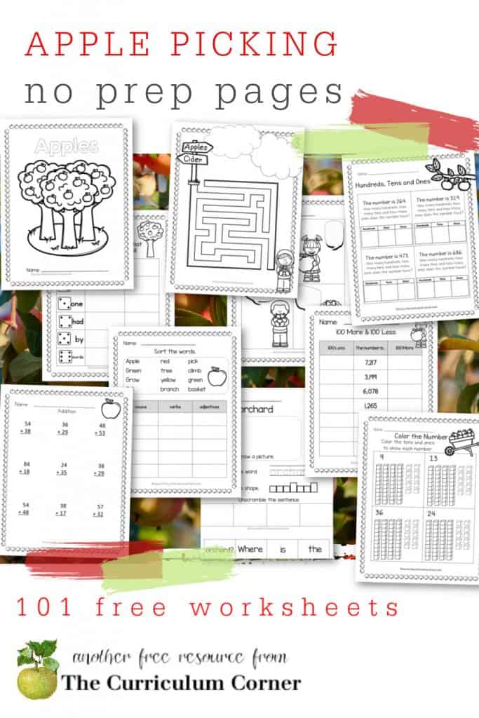 Add these free apple picking no prep pages to your fall printables for skill practice.