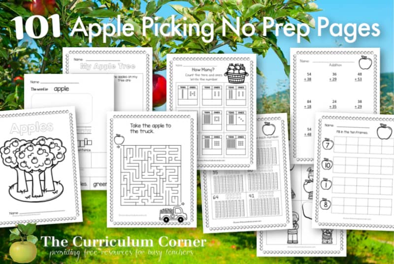 Add these free apple picking no prep pages to your fall printables for skill practice.