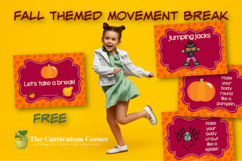 Download this free fall themed movement break for virtual learning to give your kids a break from lots of sitting. Free from The Curriculum Corner.