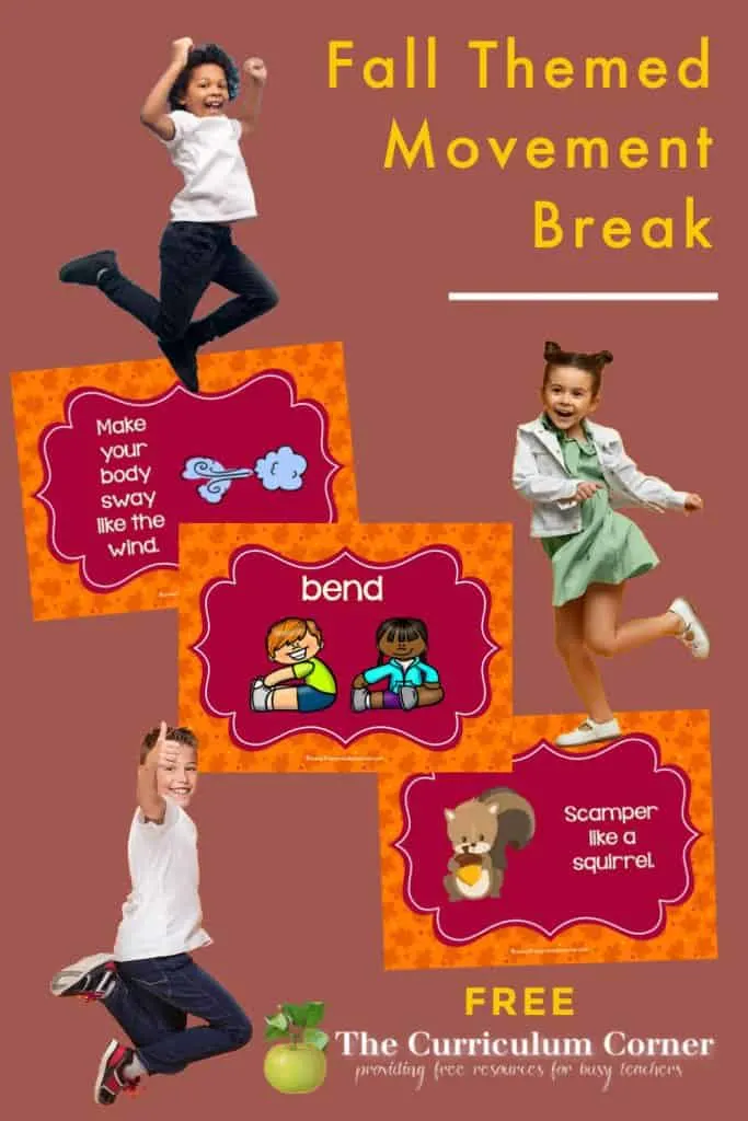 Download this free fall themed movement break for virtual learning to give your kids a break from lots of sitting. Free from The Curriculum Corner.