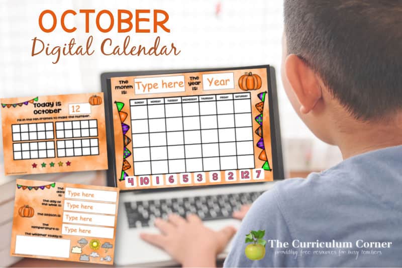 This October digital calendar is designed to help you with calendar time during your virtual instruction. Free from The Curriculum Corner.