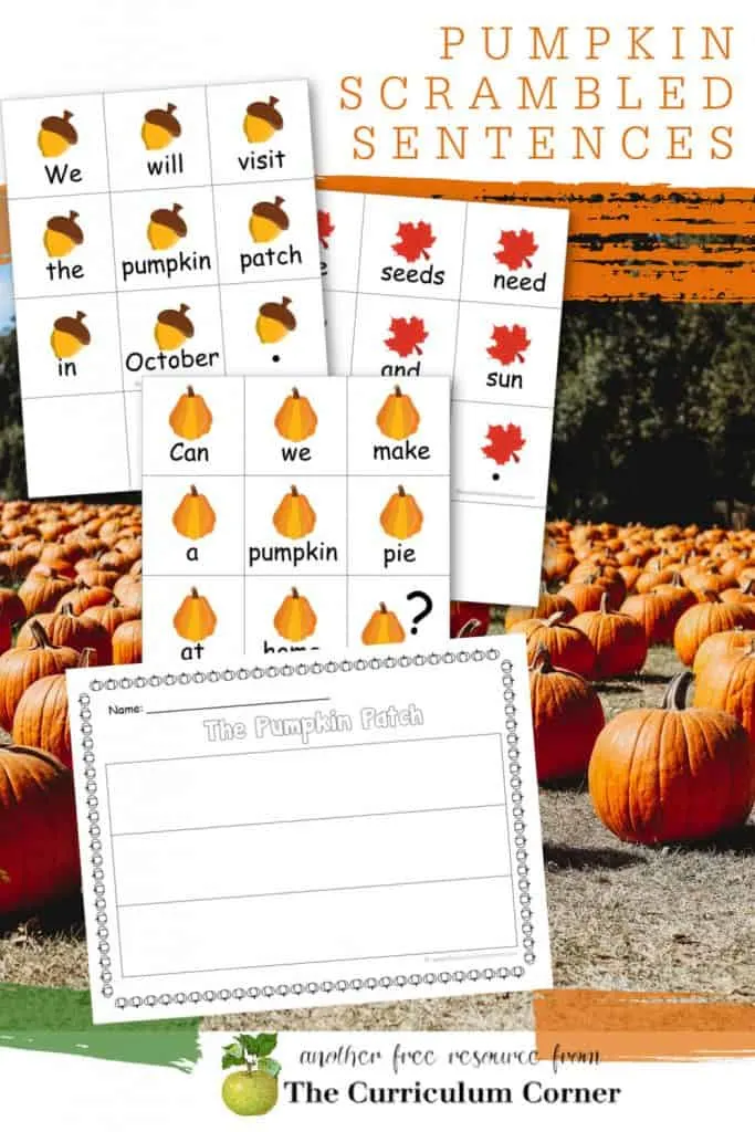 You can download these free Pumpkin Scrambled Sentences for an engaging literacy center this fall. Free from The Curriculum Corner.