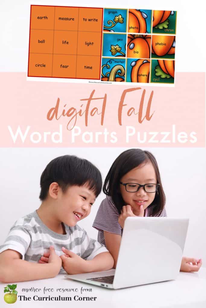 Download these fall word parts puzzles as a way for children to practice in a digital format.