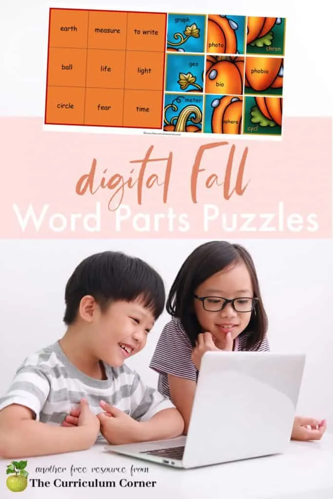 Download these fall word parts puzzles as a way for children to practice in a digital format.