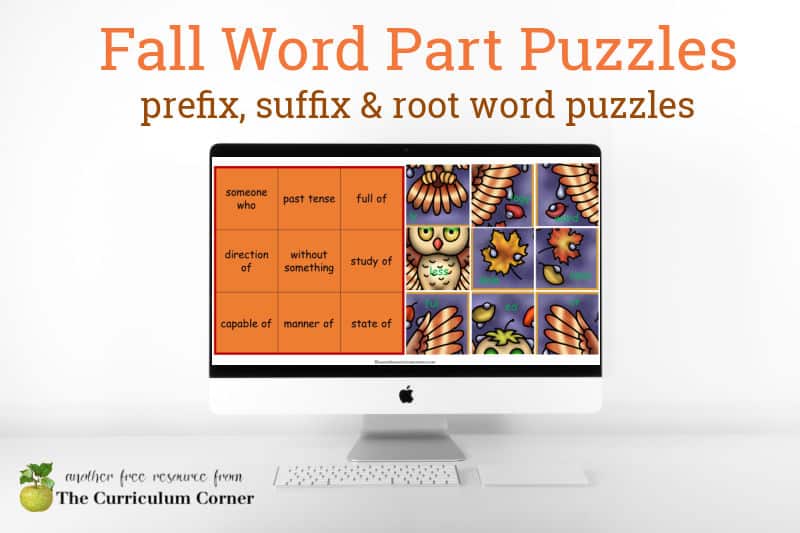 Download these fall word parts puzzles as a way for children to practice in a digital format.