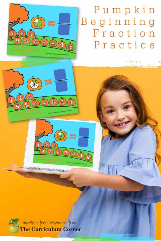 This free pumpkin beginning fraction practice game for PowerPoint and Google Slides will be a good starting point for children starting to learn about fractions.