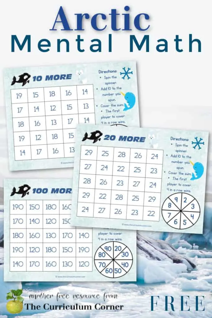 Download these free Arctic mental math games to help you create engaging winter themed math centers. Free from The Curriculum Corner.
